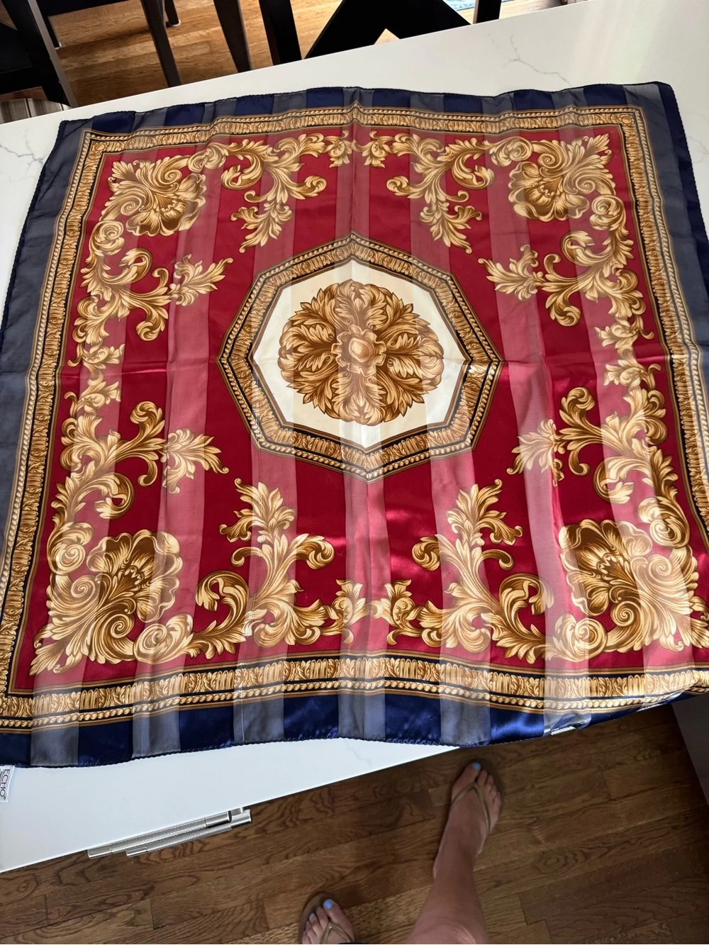 Echo Vintage Navy & Gold Baroque Silk Scarf Made in Italy